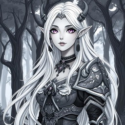A stunning anime greyscale illustration of a female Kaldorei (Night Elf) character, showcasing her ethereal beauty and enchanting features