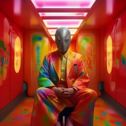 Recreate the previous scene of a Japanese man adorned in classic attire, now featuring a Balenciaga mask shading his face. Maintain the retro-futuristic rainbow splattered room with bright, detailed aesthetics.