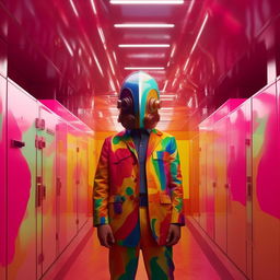 Recreate the previous scene of a Japanese man adorned in classic attire, now featuring a Balenciaga mask shading his face. Maintain the retro-futuristic rainbow splattered room with bright, detailed aesthetics.