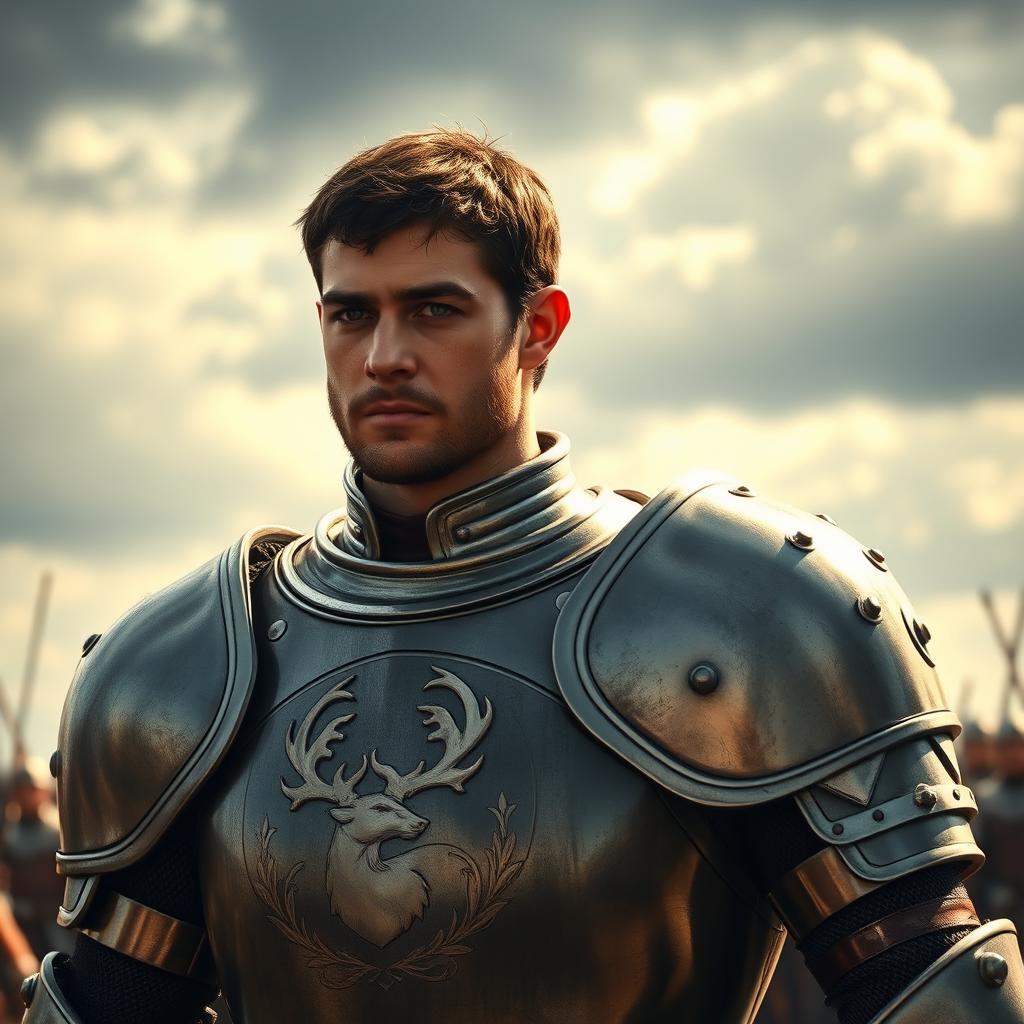 A 20-year-old Robert Baratheon in full knightly armor, radiating strength and confidence