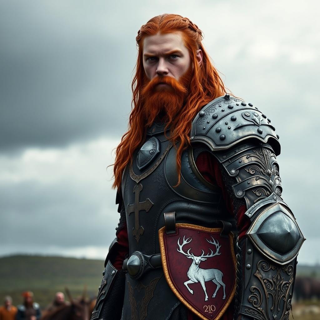 A 20-year-old Robert Baratheon with long red hair and a matching red beard, dressed in ornate knightly armor