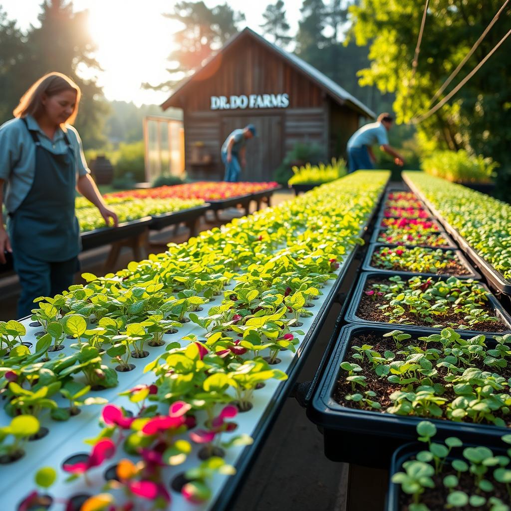 A vibrant microgreens farm named 'Dr
