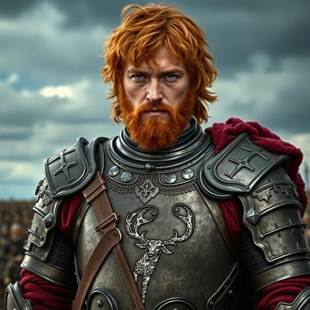 A 20-year-old Robert Baratheon with shoulder-length messy red hair and a scruffy red beard, clad in intricate knightly armor