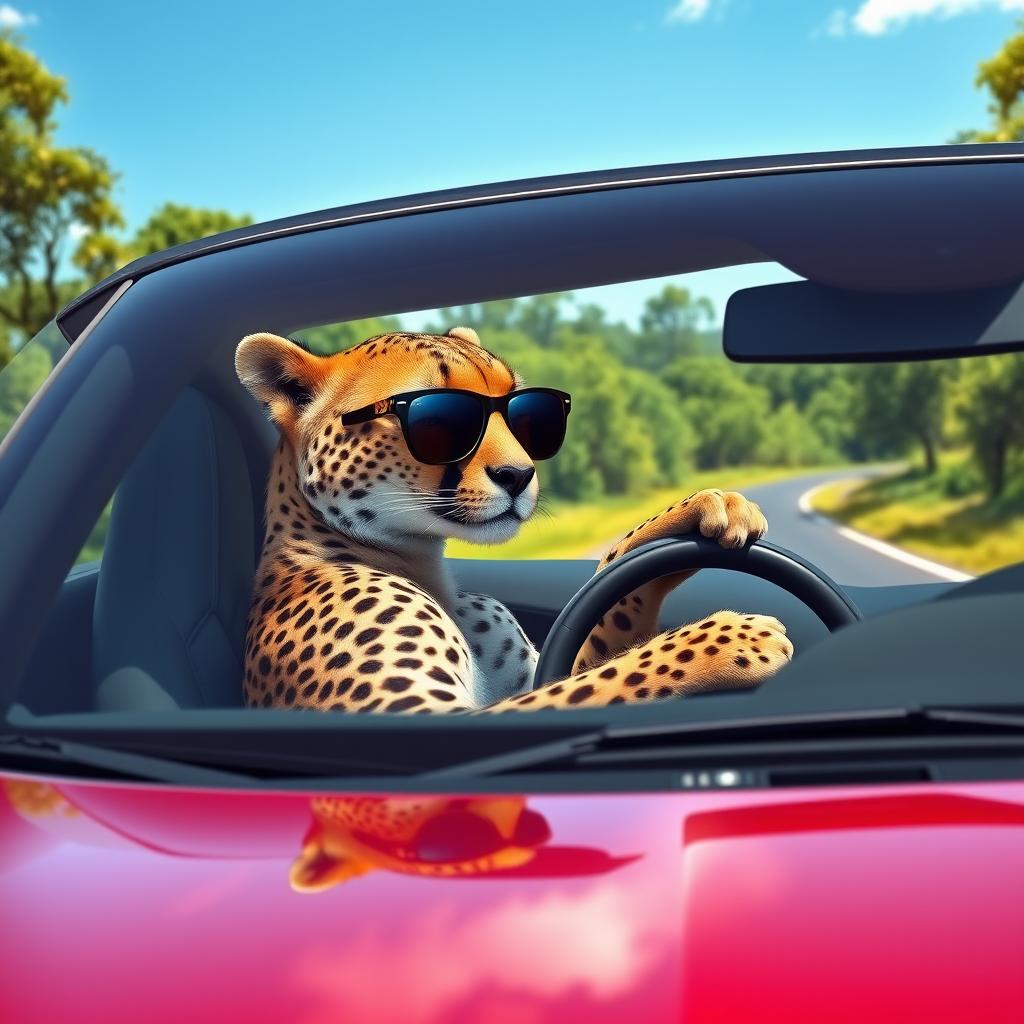 A realistic cheetah driving a car down a scenic road