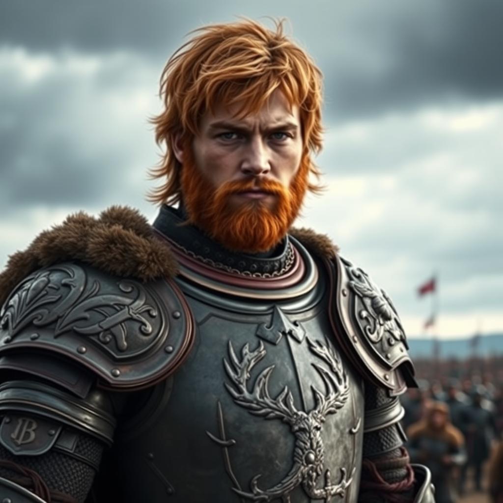 A 20-year-old Robert Baratheon with shoulder-length messy red hair and a scruffy red beard, wearing ornate knightly armor adorned with a prominent stag sigil