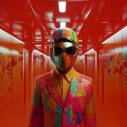 Recreate the previous scene of a Japanese man adorned in classic attire, now featuring a Balenciaga mask shading his face. Maintain the retro-futuristic rainbow splattered room with bright, detailed aesthetics.