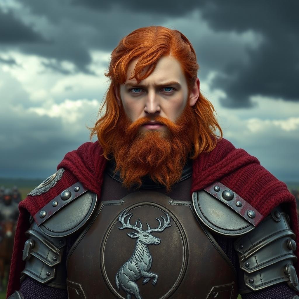 A 20-year-old Robert Baratheon with shoulder-length blood-red hair and a scruffy blood-red beard, dressed in detailed knightly armor that showcases a prominent stag sigil