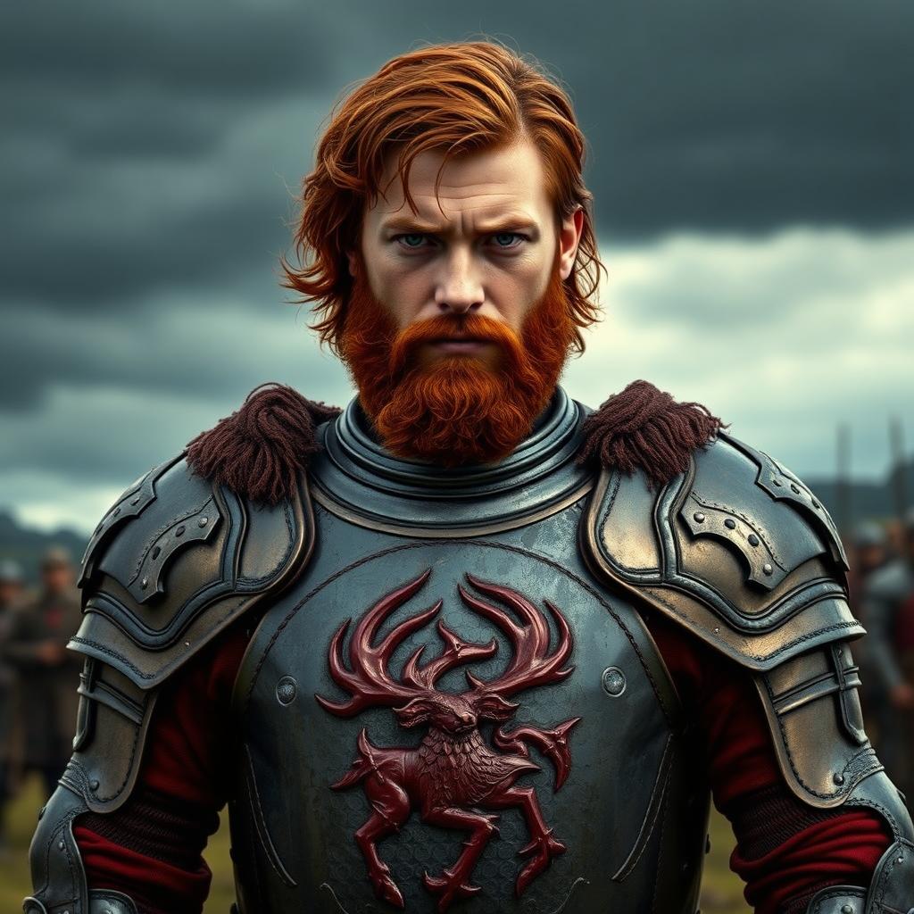 A 20-year-old Robert Baratheon with shoulder-length blood-red hair and a scruffy blood-red beard, dressed in intricately detailed knightly armor adorned with a prominent stag sigil