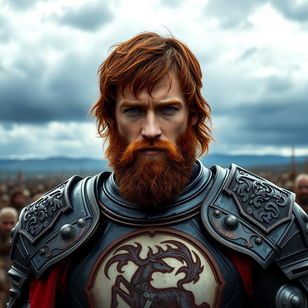 A 20-year-old Robert Baratheon with shoulder-length blood-red hair and a scruffy blood-red beard, clad in intricately designed knightly armor emblazoned with a bold stag sigil