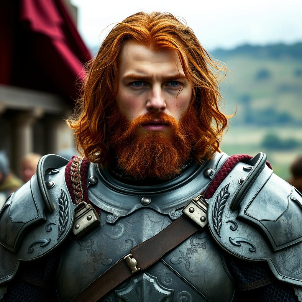 A charismatic young Robert Baratheon at the age of 20, featuring shoulder-length crimson hair and a scruffy crimson beard