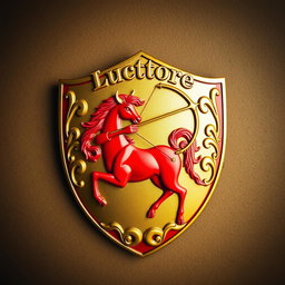 A charming golden and red shield featuring a striking red centaur skillfully drawing a bow, poised to shoot