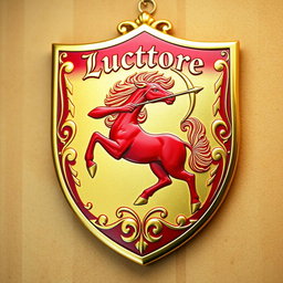 A charming golden and red shield featuring a striking red centaur skillfully drawing a bow, poised to shoot