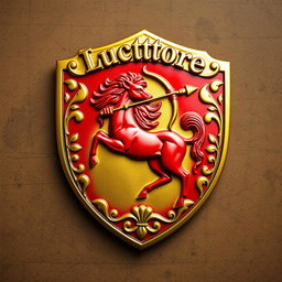A charming golden and red shield featuring a striking red centaur skillfully drawing a bow, poised to shoot