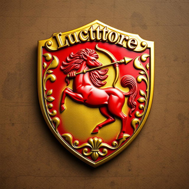 A charming golden and red shield featuring a striking red centaur skillfully drawing a bow, poised to shoot