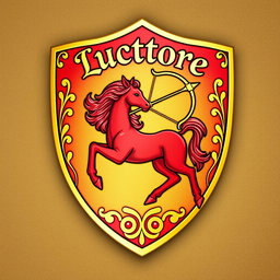 A charming golden and red shield featuring a striking red centaur skillfully drawing a bow, poised to shoot