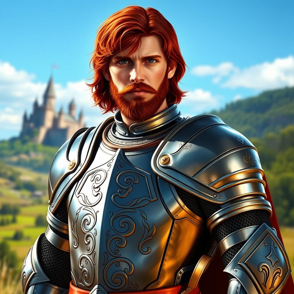 A charismatic 20-year-old character resembling a young Robert Baratheon, with shoulder-length blood-red hair and a blood-red scruffy beard