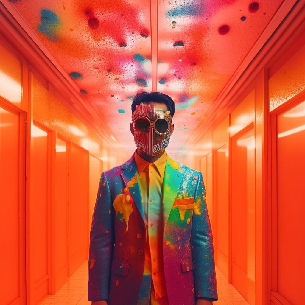 Recreate the previous scene of a Japanese man adorned in classic attire, now featuring a Balenciaga mask shading his face. Maintain the retro-futuristic rainbow splattered room with bright, detailed aesthetics.