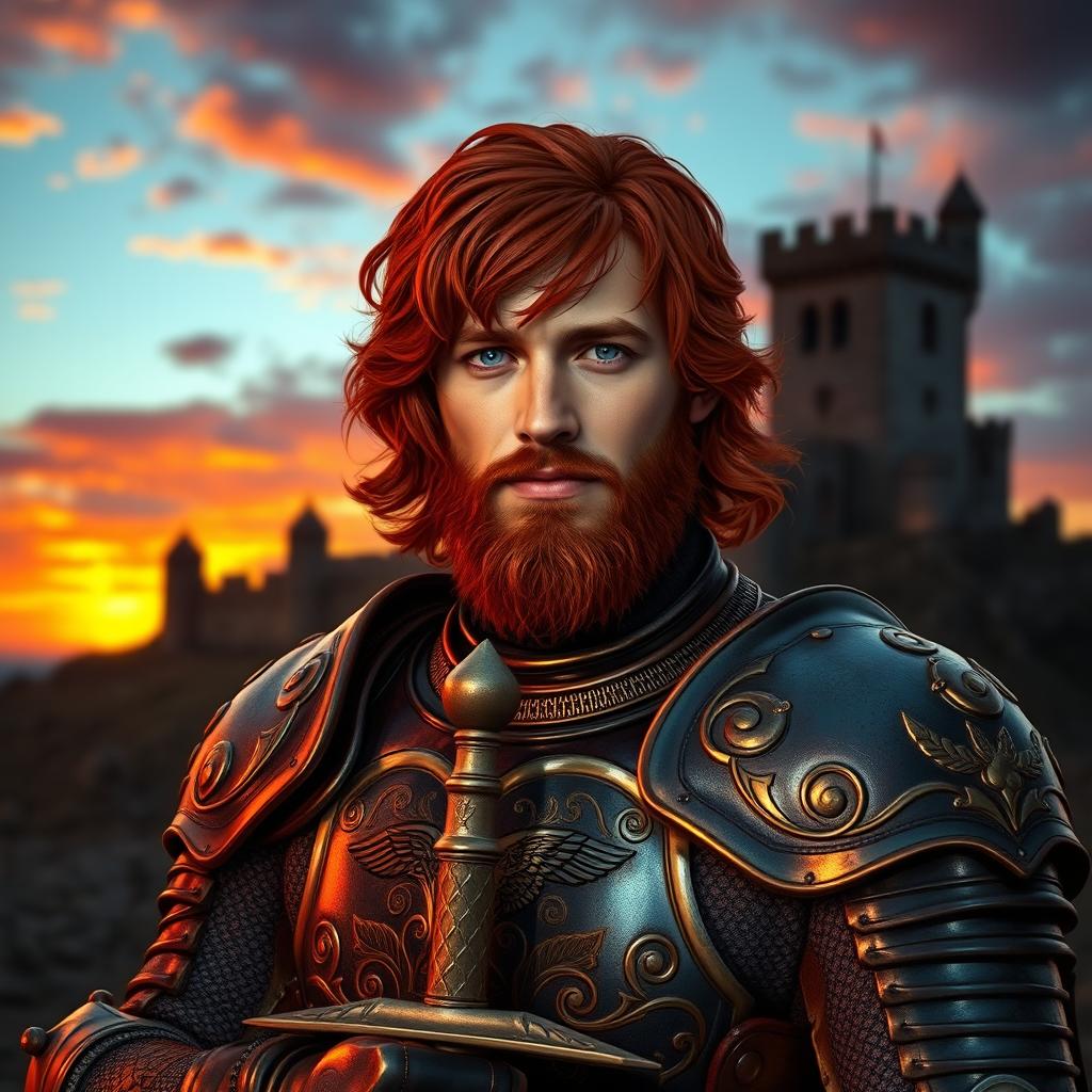 A charismatic 20-year-old character inspired by Robert Baratheon, featuring shoulder-length blood-red hair and a blood-red scruffy beard