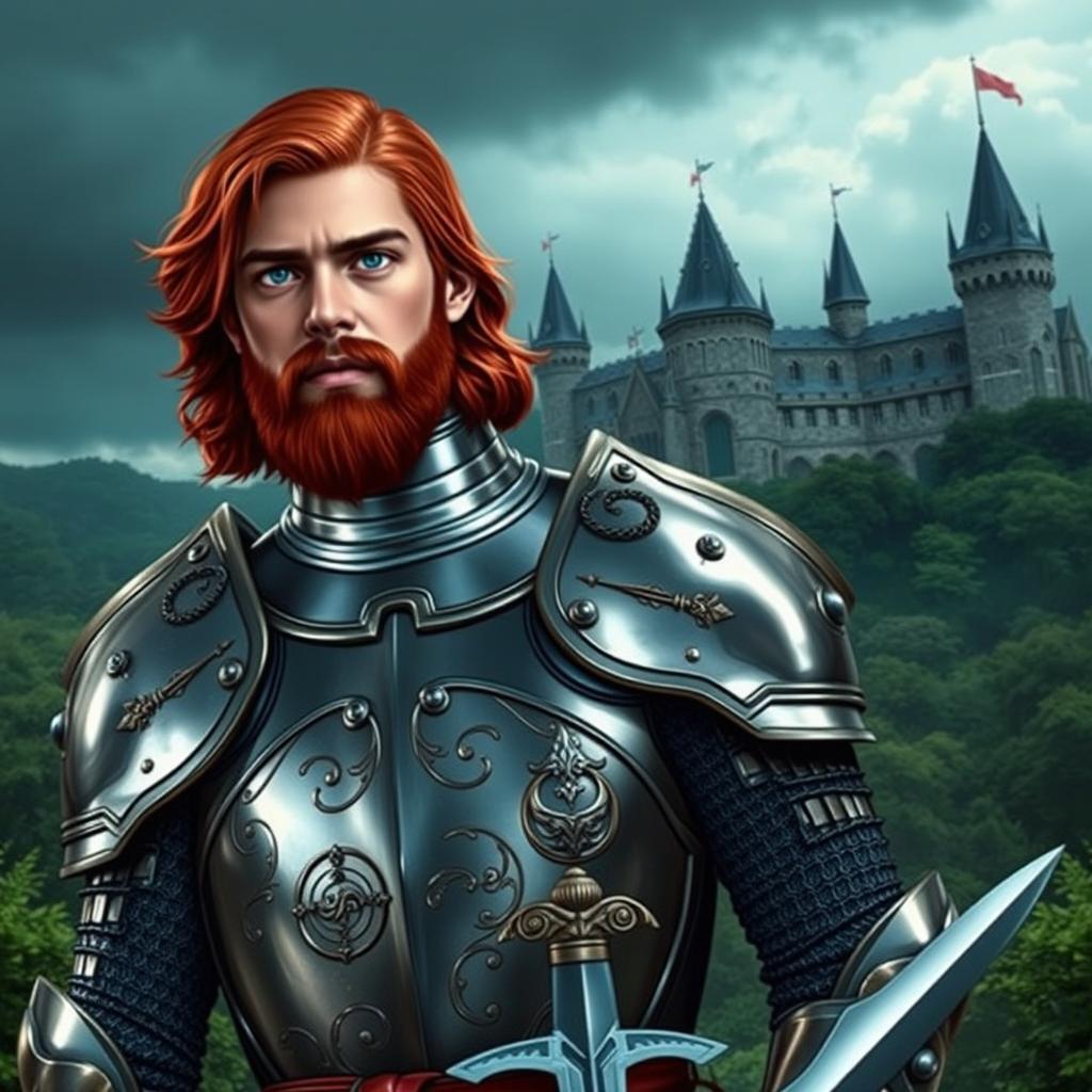 A charismatic 20-year-old character inspired by Robert Baratheon, with shoulder-length blood-red hair and a blood-red scruffy beard