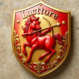 A charming golden and red shield featuring a realistic red centaur skillfully drawing a bow, capturing the essence of a mythical warrior