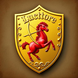 A charming golden and red shield featuring a realistic red centaur skillfully drawing a bow, capturing the essence of a mythical warrior