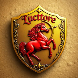 A charming golden and red shield featuring a realistic red centaur skillfully drawing a bow, capturing the essence of a mythical warrior