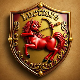 A charming golden and red shield featuring a realistic red centaur skillfully drawing a bow, capturing the essence of a mythical warrior