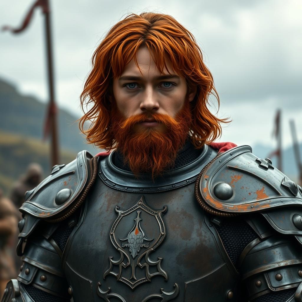 A charismatic young knight portraying Robert Baratheon at the age of 20, featuring shoulder-length, blood-red hair and a scruffy blood-red beard