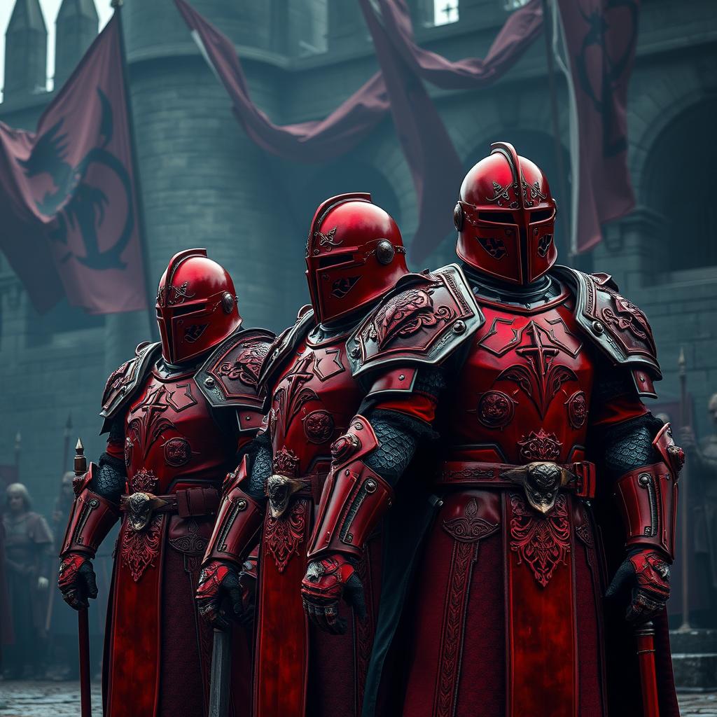 A scene depicting the Kingsguard from the Game of Thrones universe, wearing striking red armor