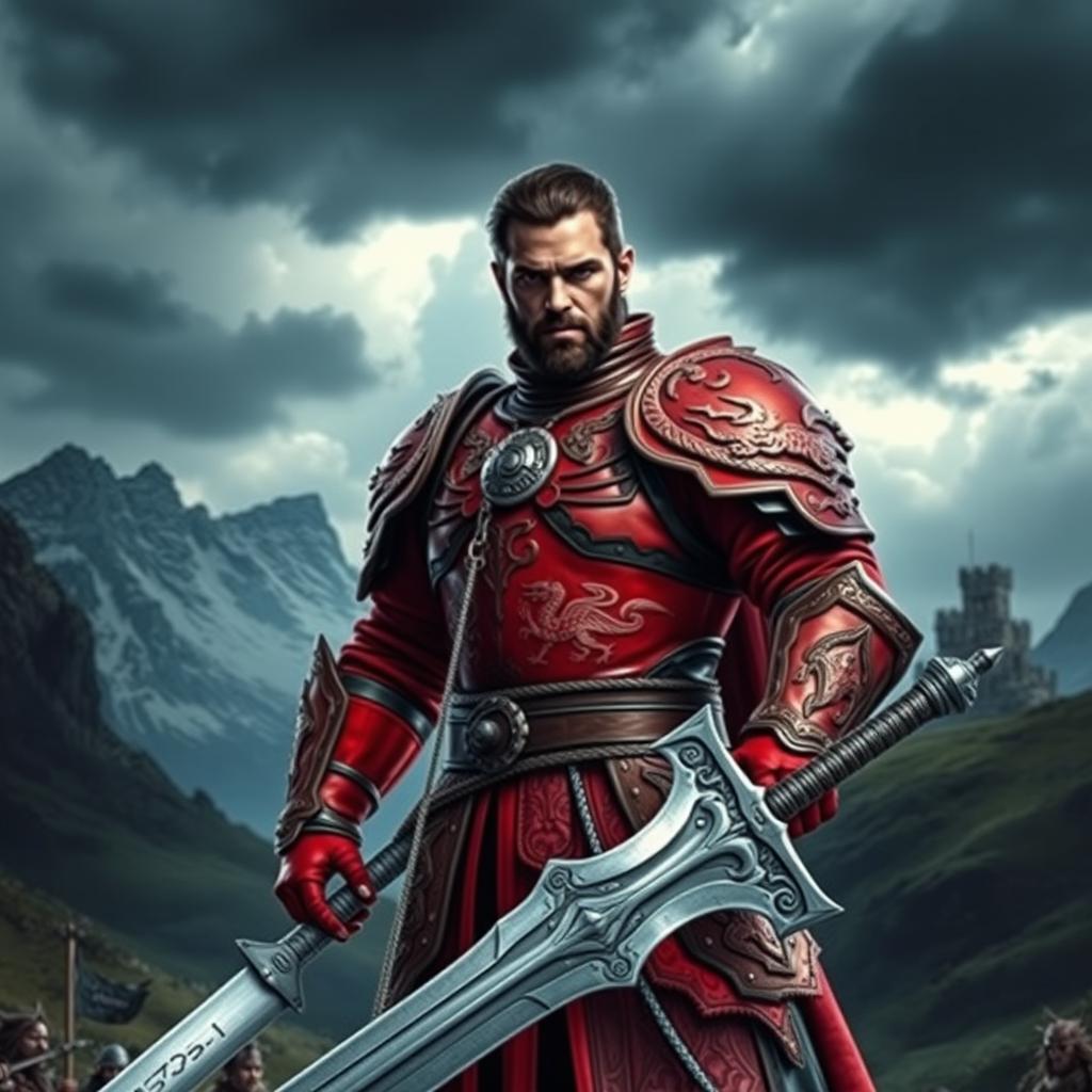 A heroic figure inspired by the Game of Thrones universe, wearing vibrant red armor, intricately designed with medieval embellishments