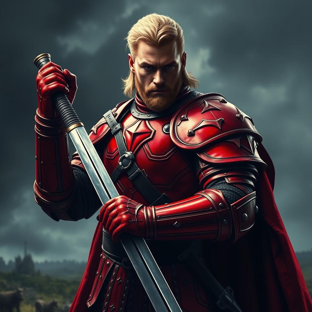 A heroic depiction of Arthur Dayne from the Game of Thrones universe, wearing striking red armor that glimmers in a dramatic light