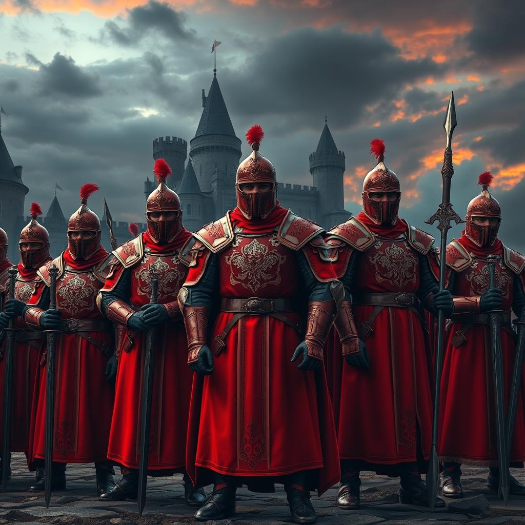 A group of royal guards from the Game of Thrones universe, dressed in striking red armor, standing valiantly in a medieval fantasy setting