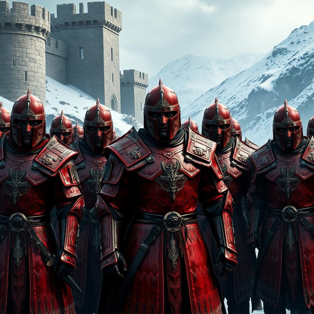 In the epic fantasy world inspired by A Song of Ice and Fire, a group of fierce and formidable kingsguard warriors wearing striking red armor stands imposing and ready for battle