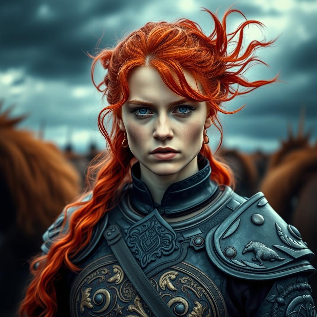 A 20-year-old woman with vibrant red hair styled in wild waves, inspired by the character Stannis Baratheon from the series 'Game of Thrones'