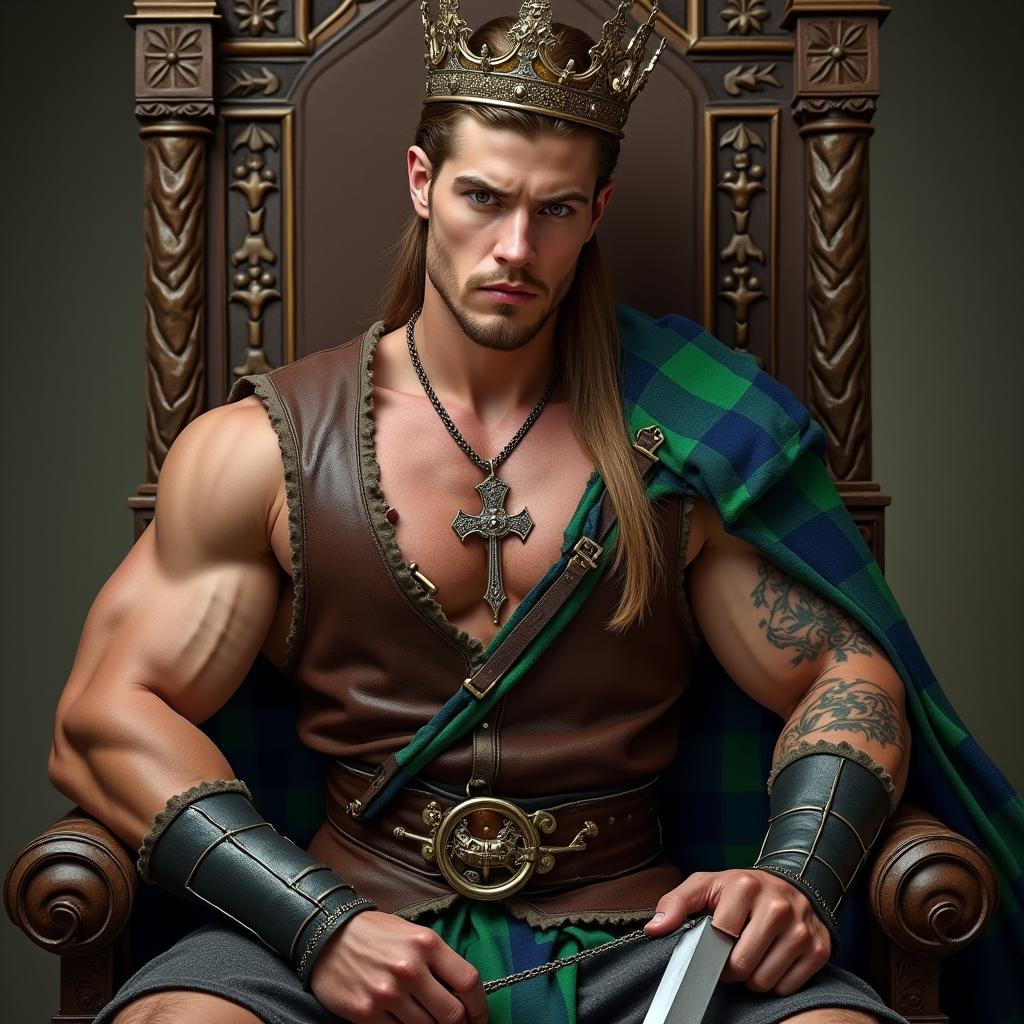 A brawny young handsome Highlander man, showcasing his muscular chest, attired in a rugged leather vest
