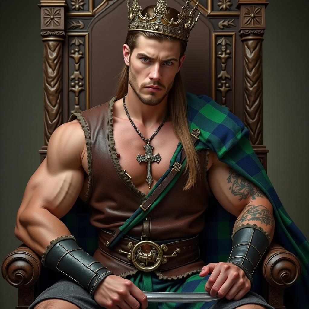 A brawny young handsome Highlander man, showcasing his muscular chest, attired in a rugged leather vest