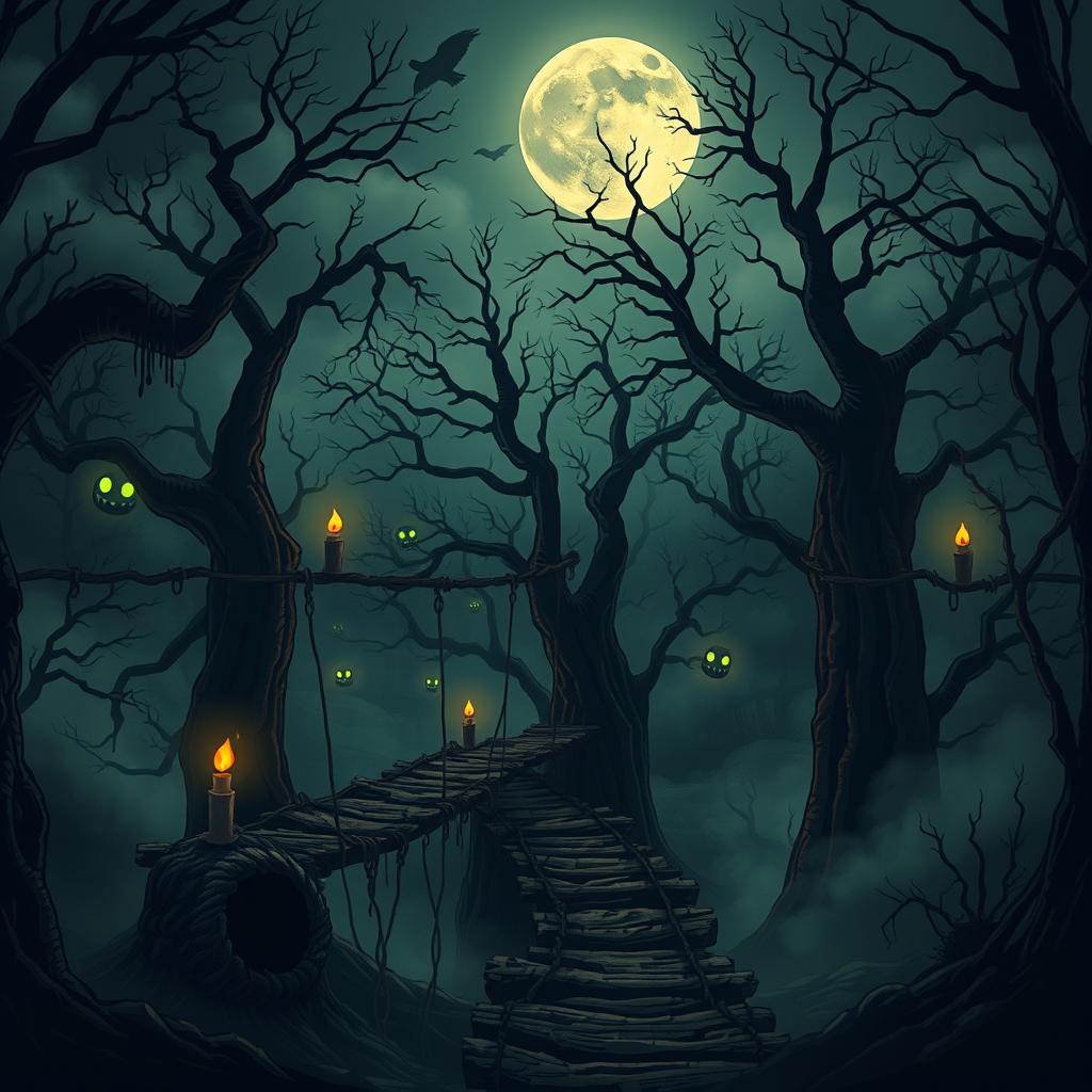 A dark and spooky location designed for children, filled with thrilling and dangerous challenges they must overcome