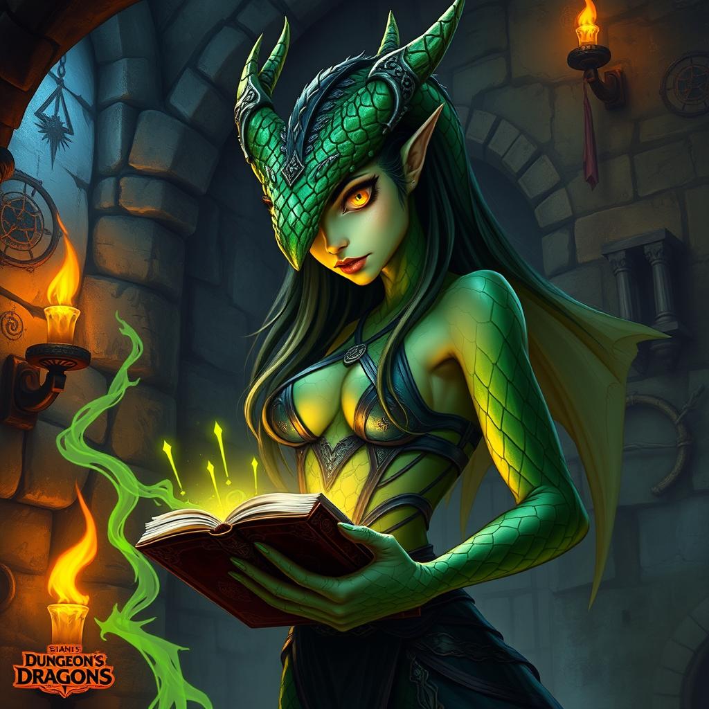 A dragonborn warlock from the Dungeons and Dragons universe, showcasing a slim and sleek feminine build covered in vibrant green scales