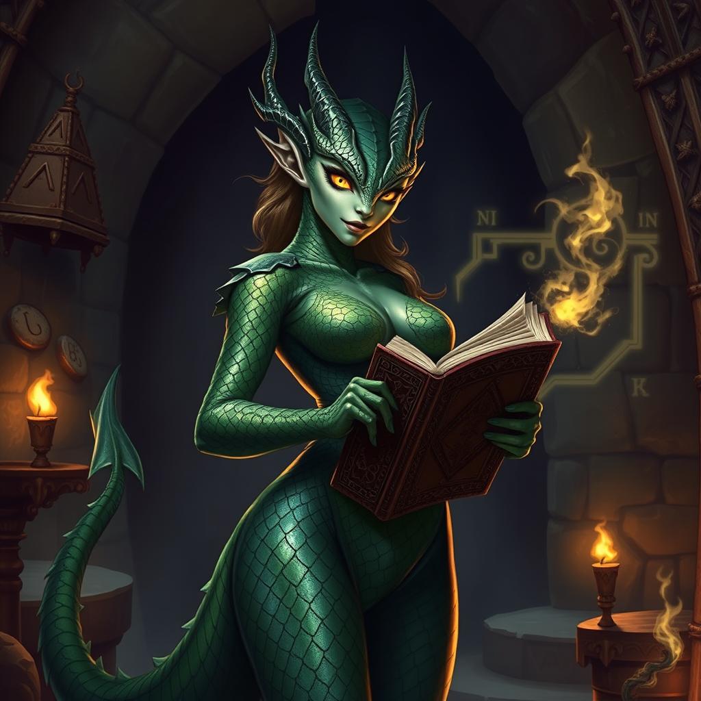 A dragonborn warlock from the Dungeons and Dragons universe, showcasing a slim and sleek feminine build covered in shimmering green scales