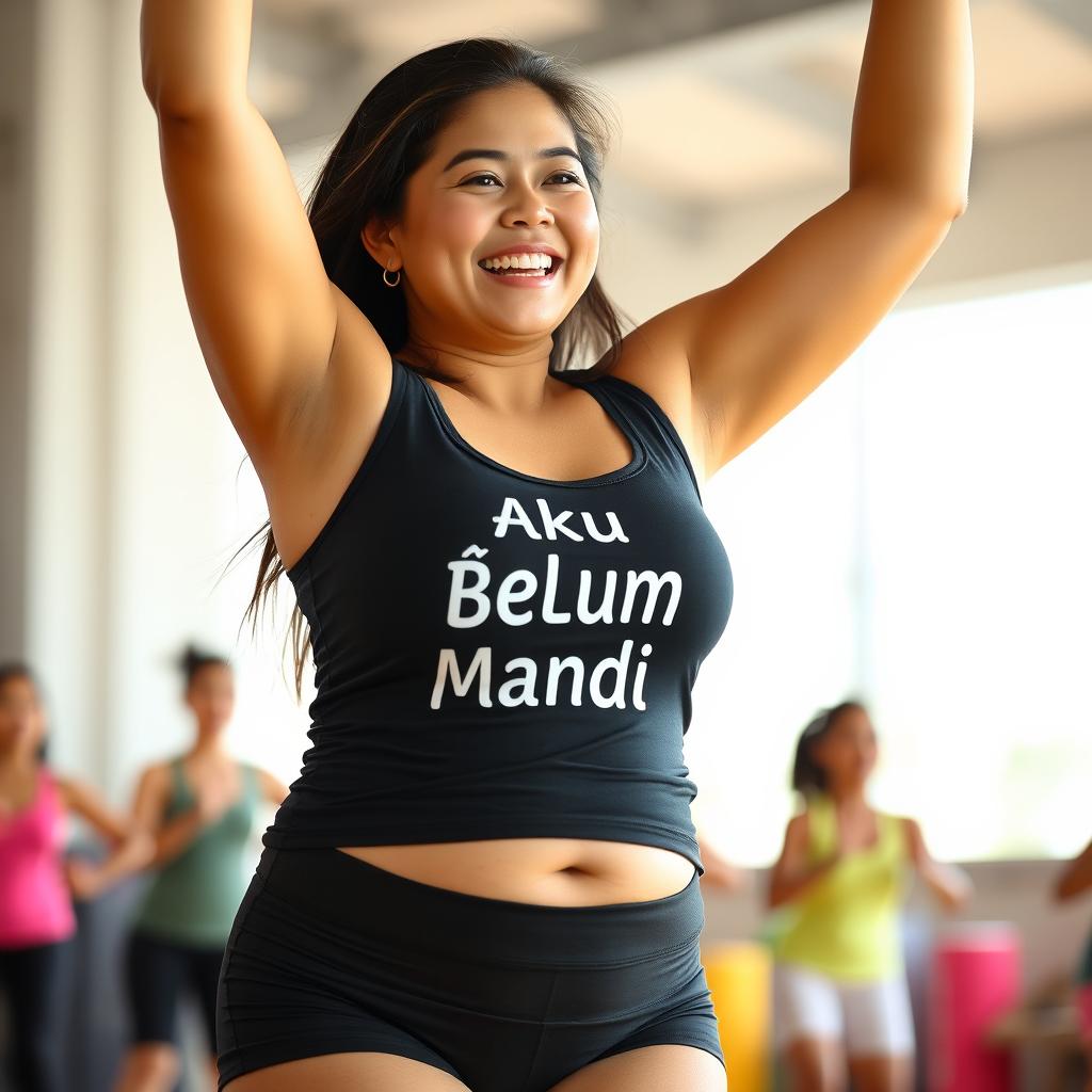 A beautiful Indonesian woman with a plump body and golden yellow skin, joyfully engaged in aerobics