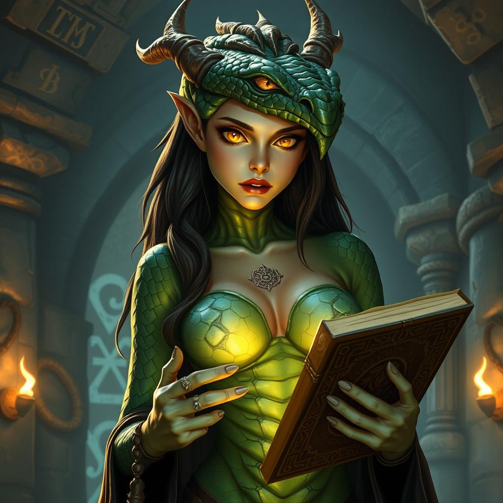 A dragonborn warlock from the Dungeons and Dragons universe, featuring a slim and sleek feminine build with gleaming green scales