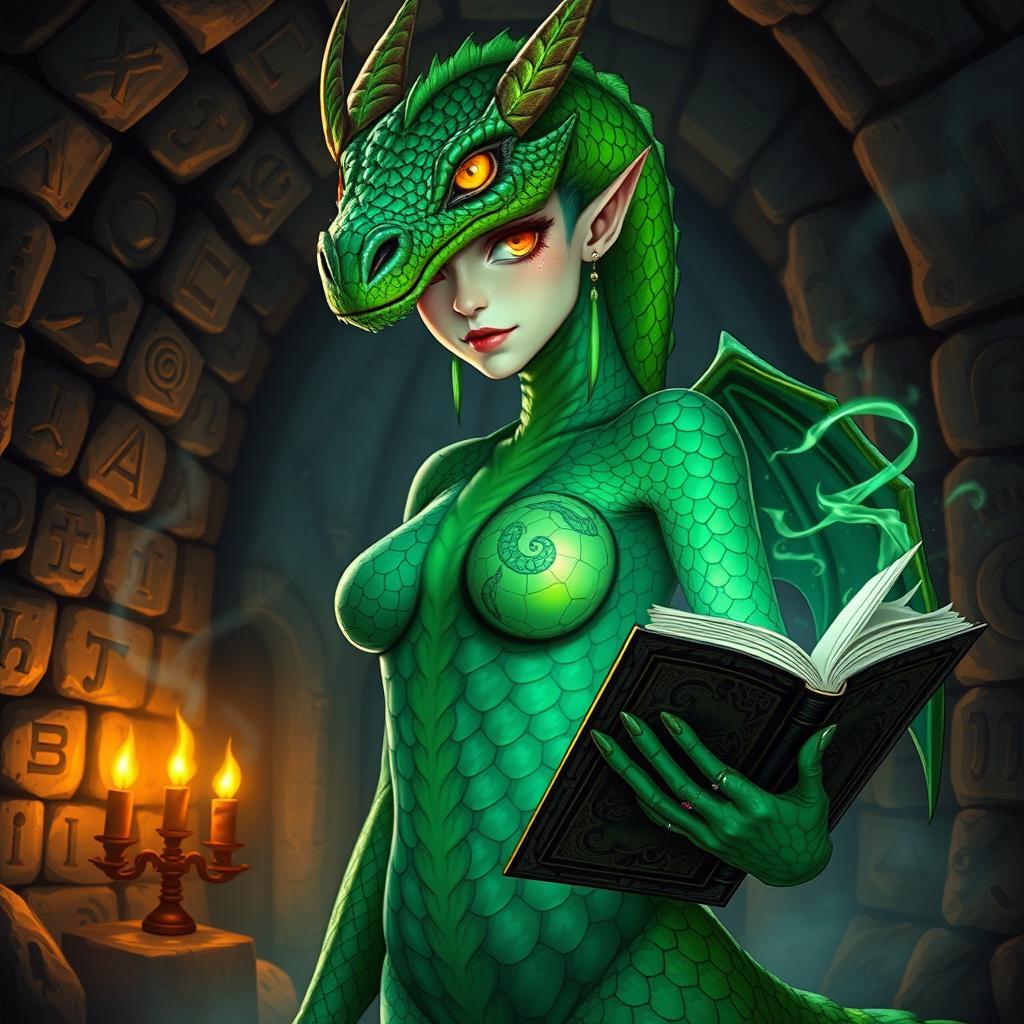 A dragonborn warlock from the Dungeons and Dragons universe, featuring a sleek and feminine build adorned with vibrant green scales