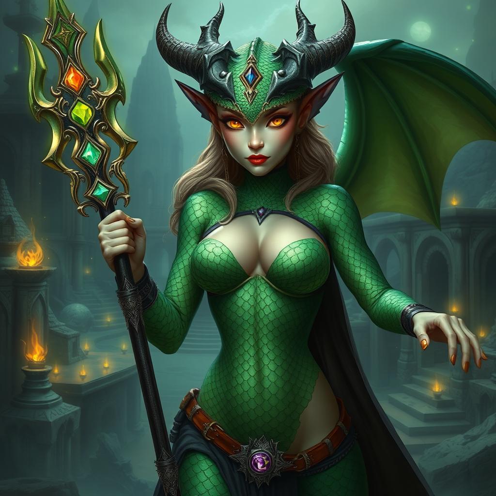 A dragonborn warlock from the Dungeons and Dragons universe, featuring a sleek and feminine physique covered in lustrous green scales