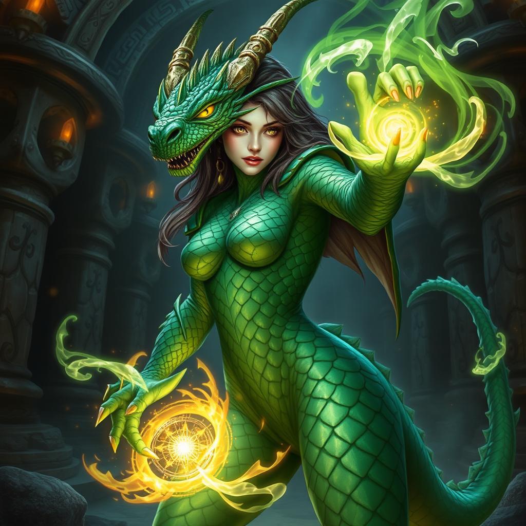 A dragonborn warlock from the Dungeons and Dragons universe, showcasing a feminine build covered in vibrant green scales