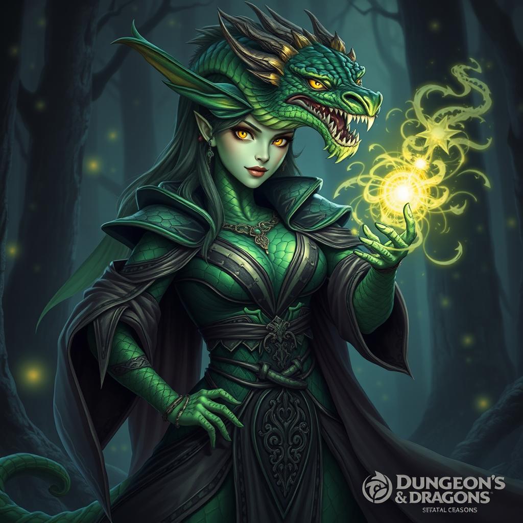 A dragonborn warlock character from the Dungeons and Dragons universe, depicted as a powerful female figure with a sleek, feminine build adorned in intricate robes