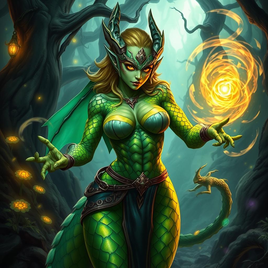 A dragonborn warlock character from the Dungeons and Dragons universe, depicted with a powerful and muscular feminine build, showcasing vibrant green scales that glisten with an otherworldly light