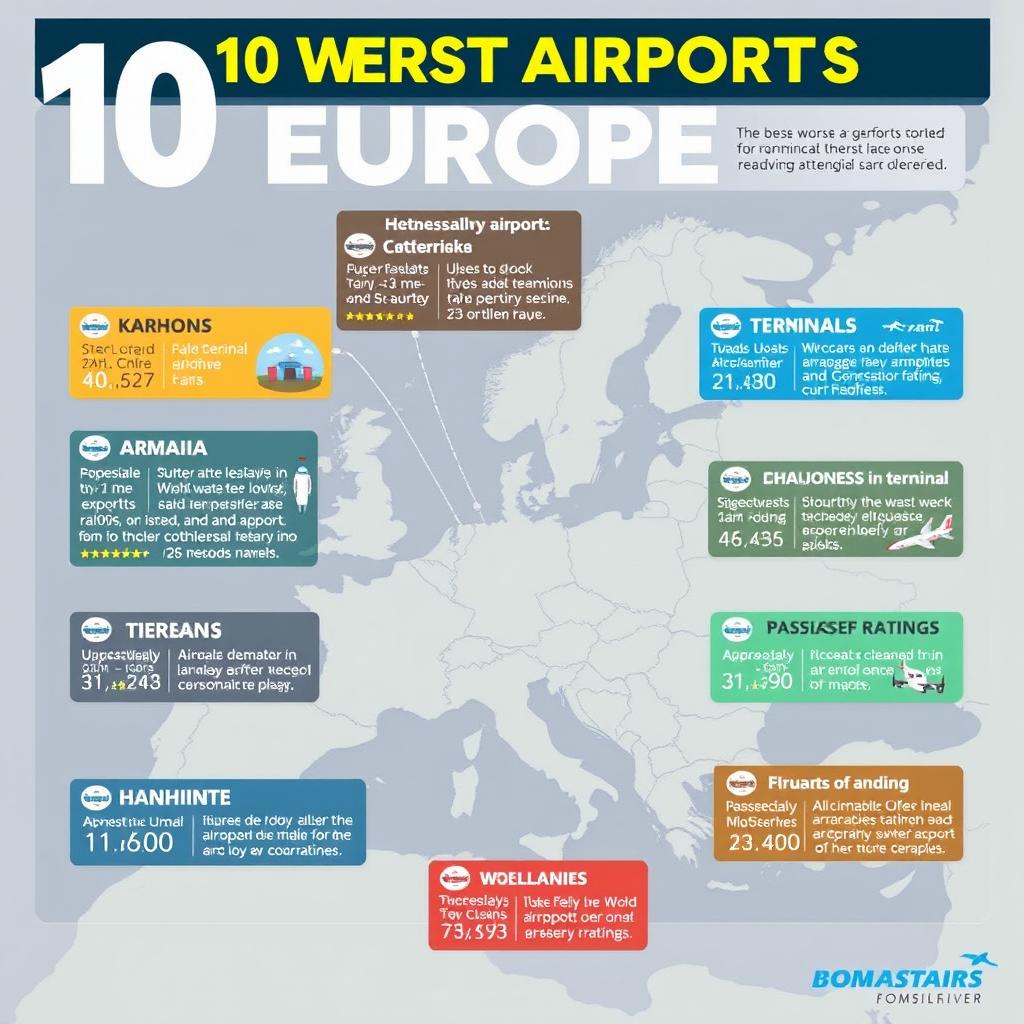 A detailed infographic showcasing the 10 worst airports in Europe, highlighting their names, locations, and reasons for their low rankings