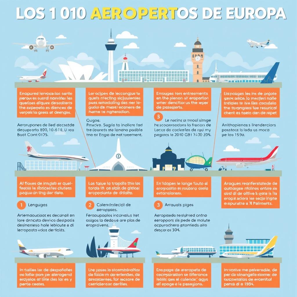 Un collage informativo y atractivo que presenta los 10 peores aeropuertos de Europa, con imágenes icónicas de cada aeropuerto, destacando sus características más notables y críticas