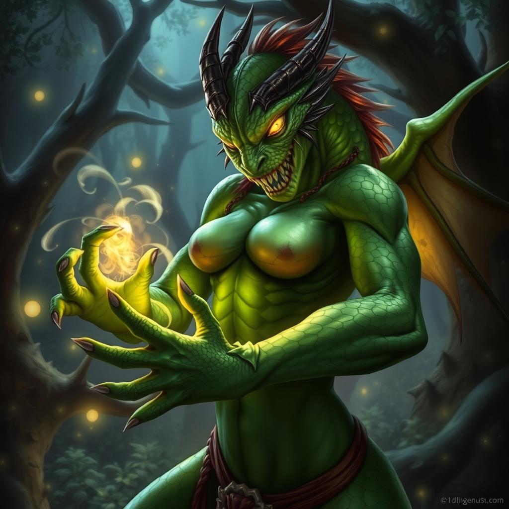A dragonborn warlock from the Dungeons and Dragons universe, depicted as a fierce and powerful creature with a distinctly non-human appearance