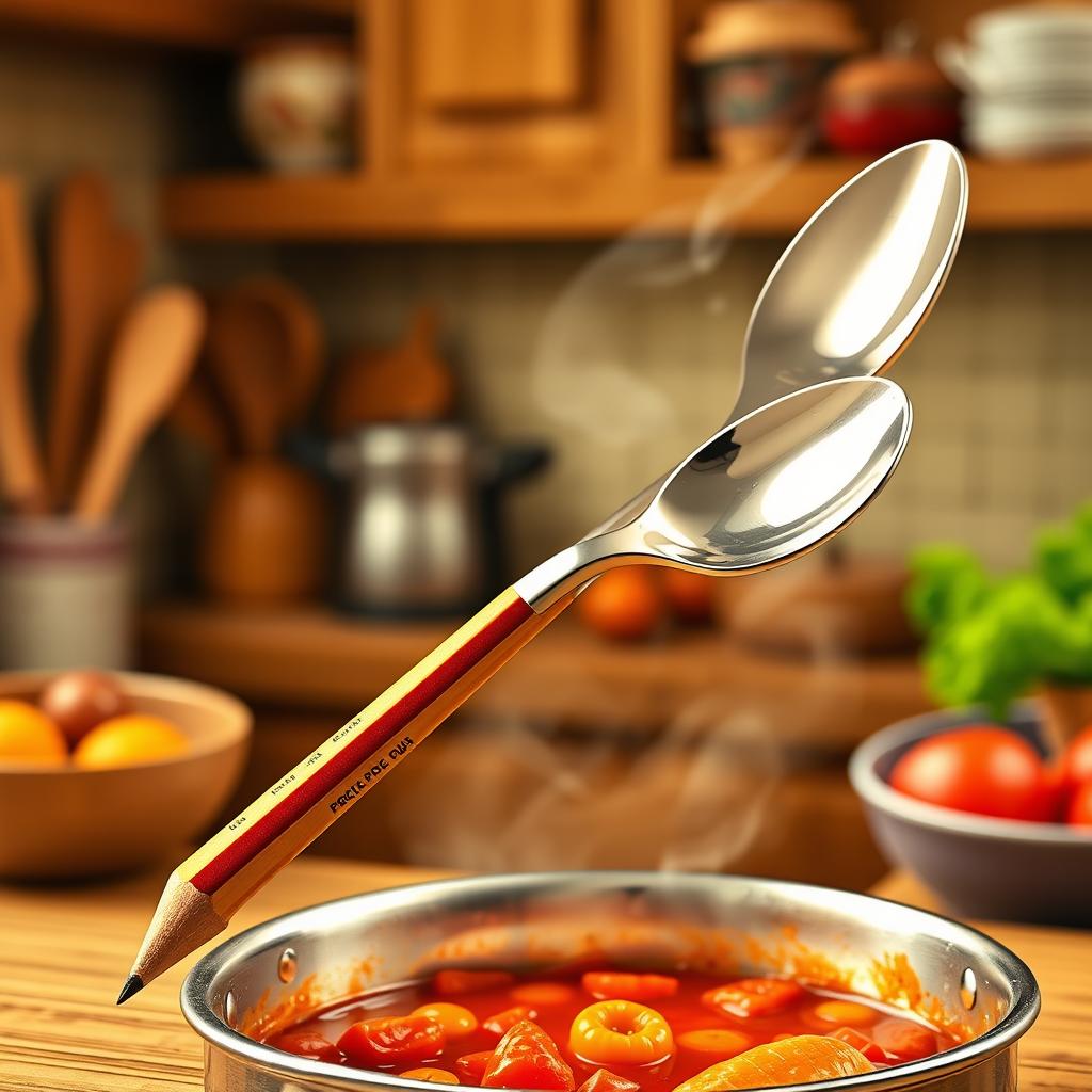 A creative and whimsical design of a pencil that also functions as a kitchen spoon